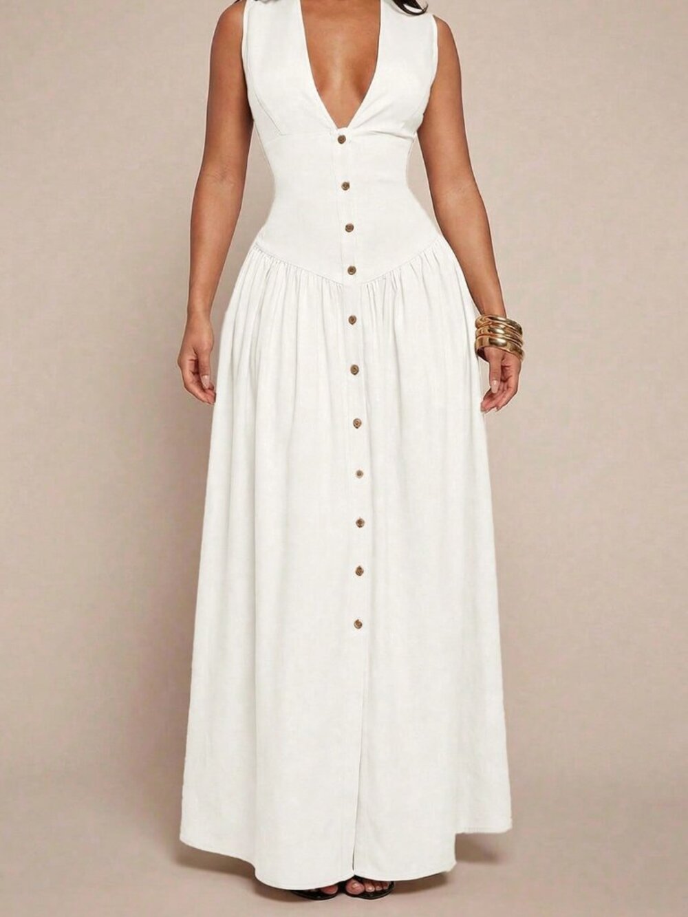White Minimalist V-Neck Women's Linen-Blend Cinched Waist Shirt Dress - Picture 3 of 7